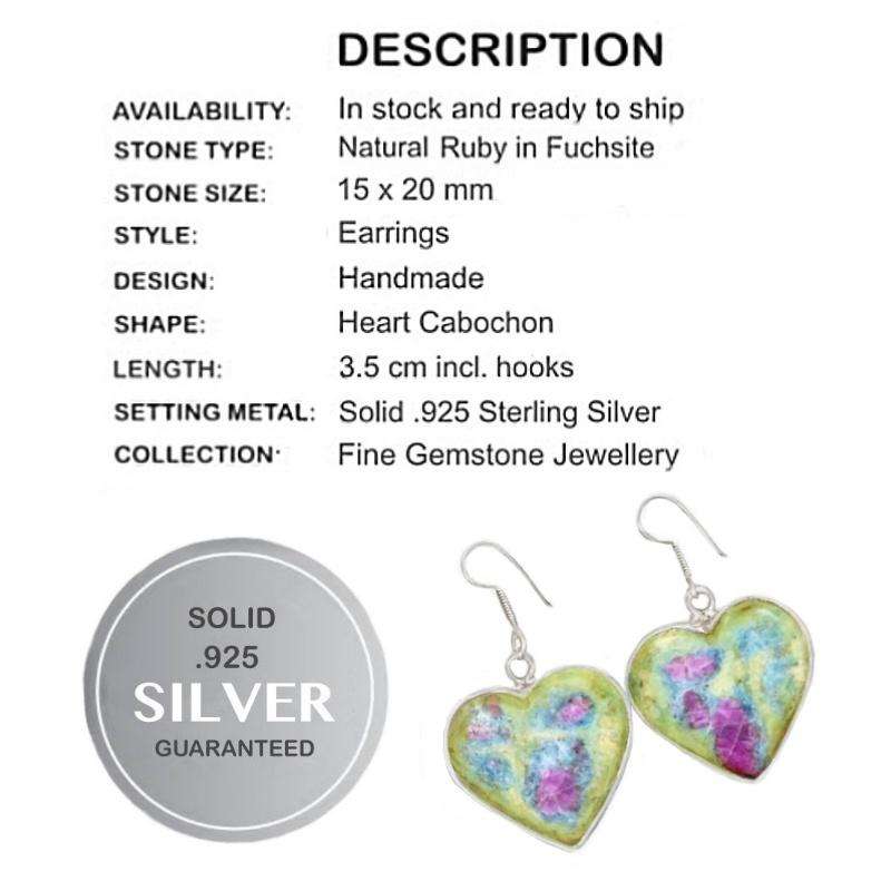Natural Ruby In Fuchsite Heart Shape Gemstone set in Solid .925 Sterling Silver Earrings