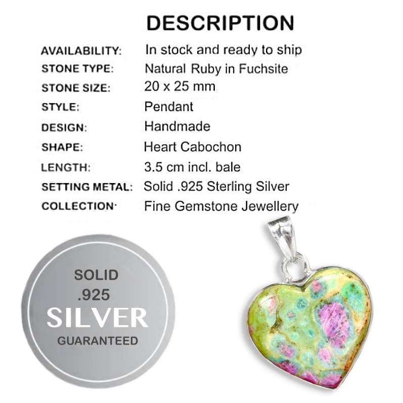 Natural Ruby In Fuchsite Heart Shape Gemstone set in Solid .925 Sterling Silver Pendant