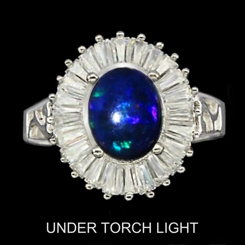 Natural Full Flash Black Fire Opal and White CZ Baguettes in Solid .925 Sterling Silver Ring Sz 8/Q