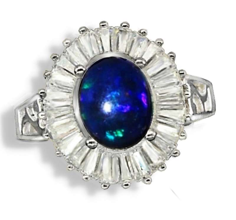 Natural Full Flash Black Fire Opal and White CZ Baguettes in Solid .925 Sterling Silver Ring Sz 8/Q