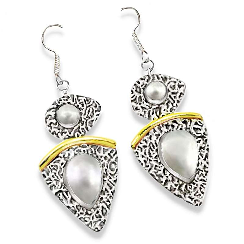 1.84 cts Two Tone Natural White Pearl set in Solid .925 Sterling Silver Dainty Earrings