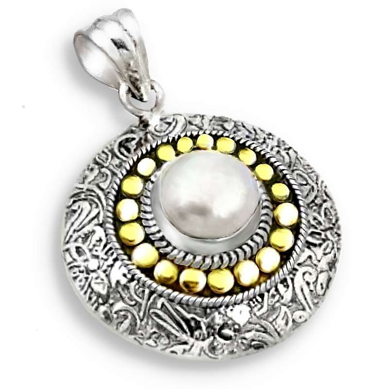 Two Tone Natural White Pearl set in Solid .925 Sterling Silver victorian Style Handmade Pendant