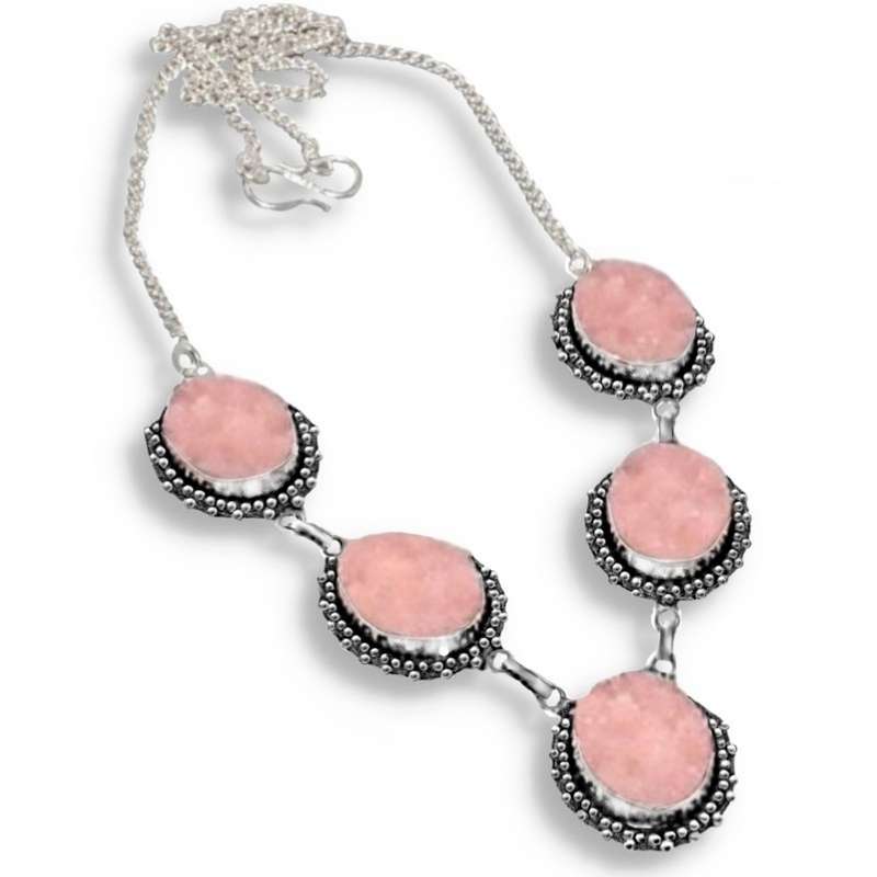 Dusty Salmon Pink Agate Druzy Gemstone set in  925 Sterling Silver Plated Handmade Necklace
