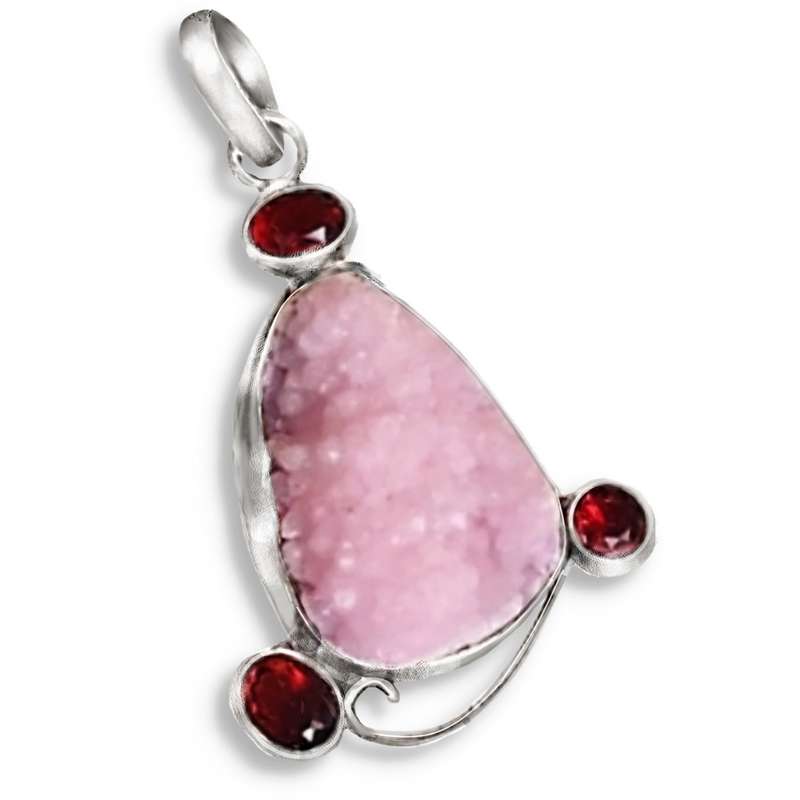 Natural Pink Agate Druzy, Garnet Gemstone set in 925 Sterling Silver Plated Pendant
