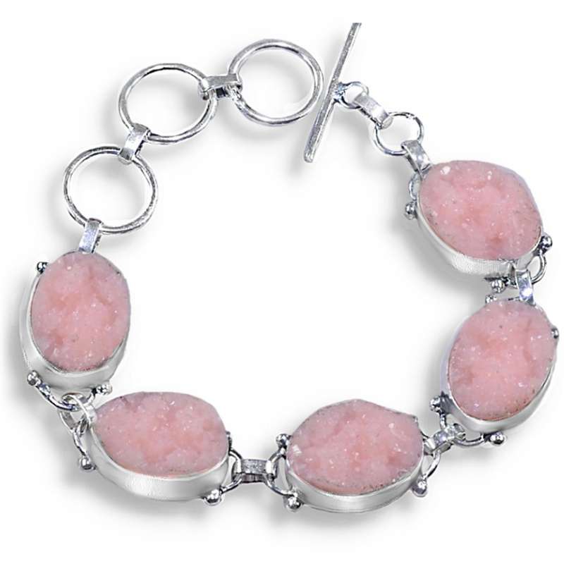 Natural Dusty Pink Agate Druzy Gemstone 925 Sterling Silver Plated Bracelet