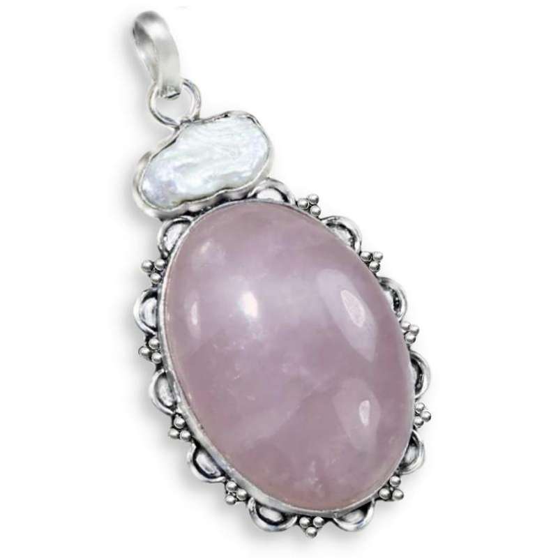 Natural Rose Quartz and Biwa Pearl Gemstone .925 Sterling Silver Plated Handmade Pendant