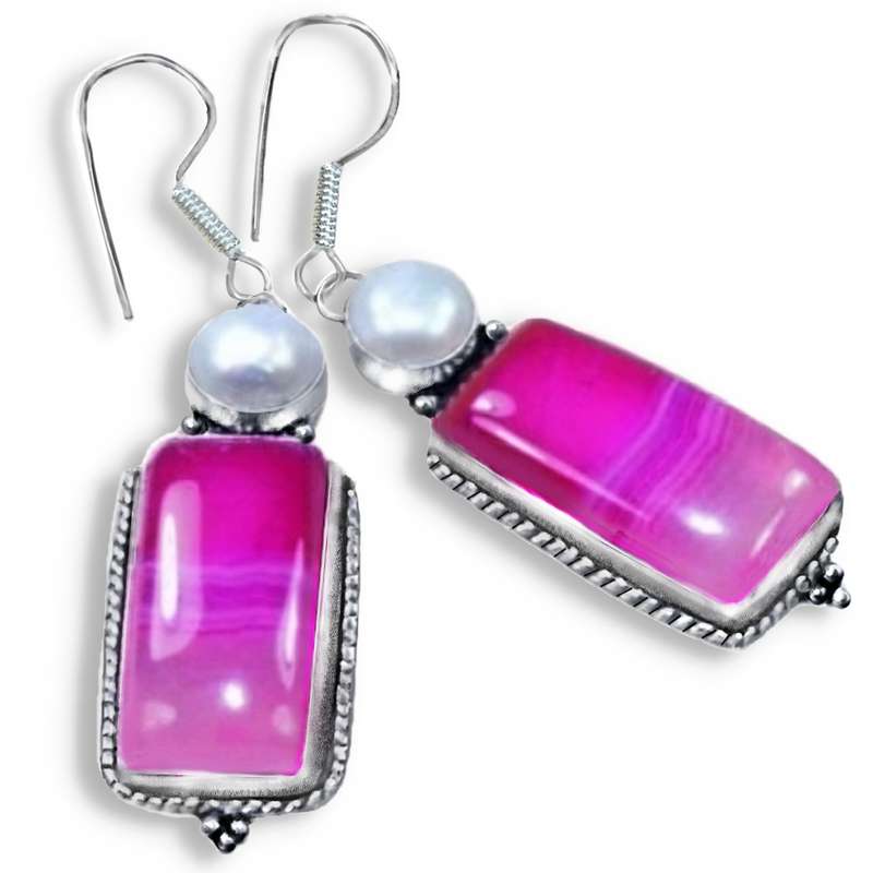 Natural Pink Botswana Lace Agate White River Pearl set in .925 Sterling Silver Plated Earrings