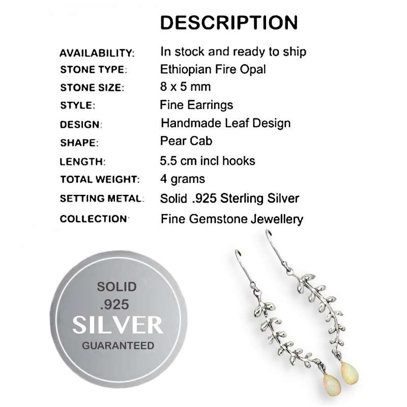 Handmade Ethiopian Fire Opal Leaf Setting Solid.925 Sterling Silver Earrings