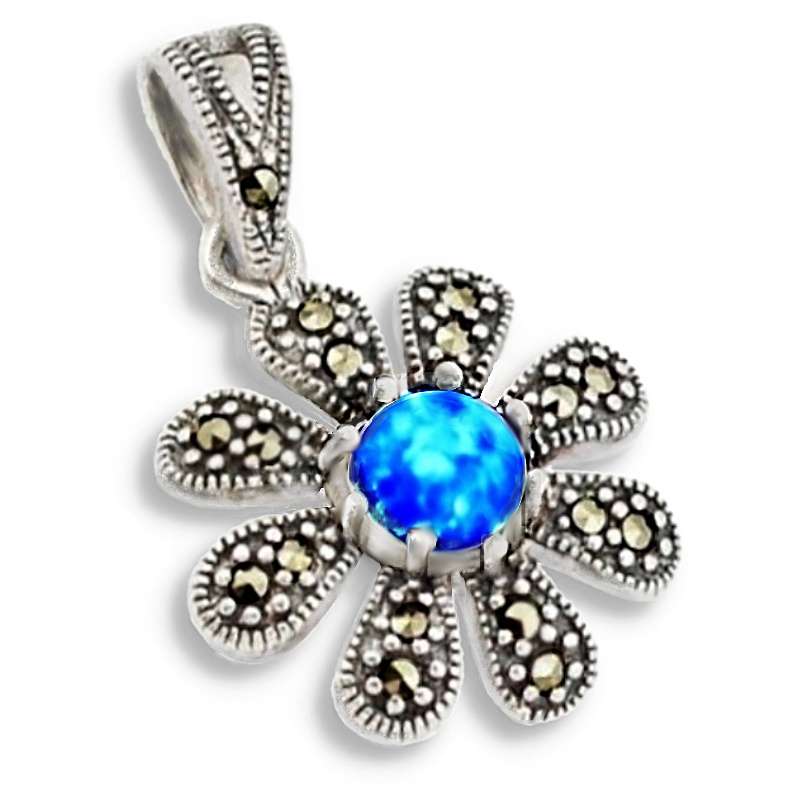 Dainty Blue Fire Opal Round Gemstone set Solid .925 Sterling Marcasite Floral Pendant