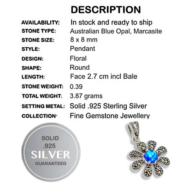 Dainty Blue Fire Opal Round Gemstone set Solid .925 Sterling Marcasite Floral Pendant