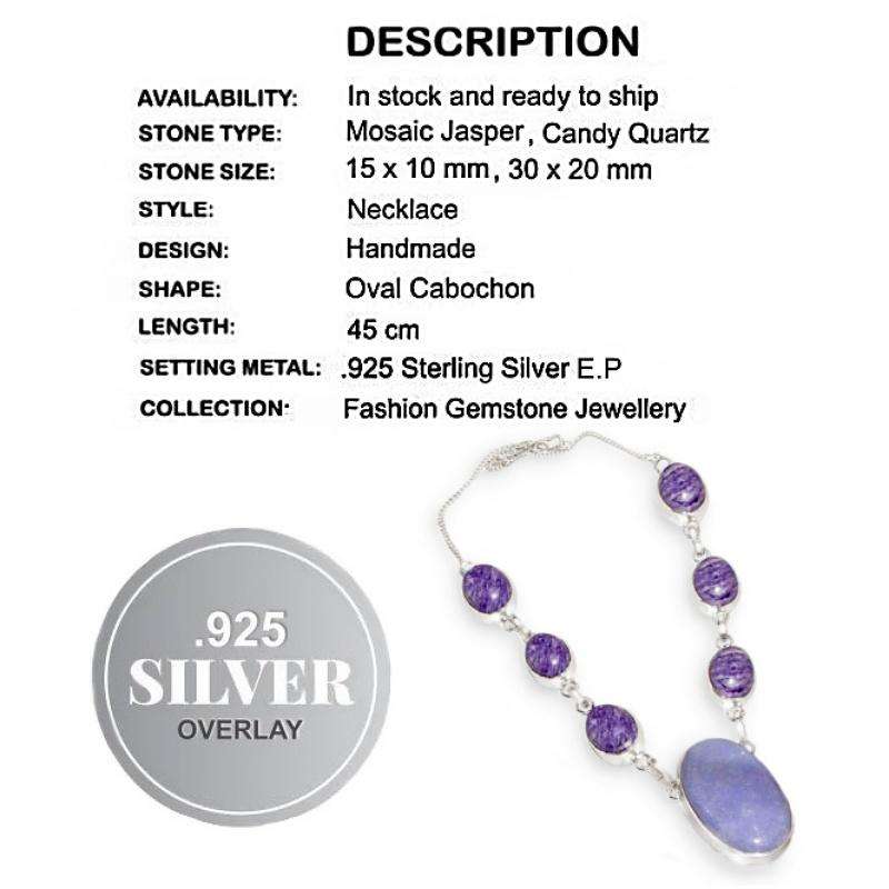 Lilac Mosaic Jasper and Candy Quartz set in 925 Sterling Silver Plated Handmade Necklace