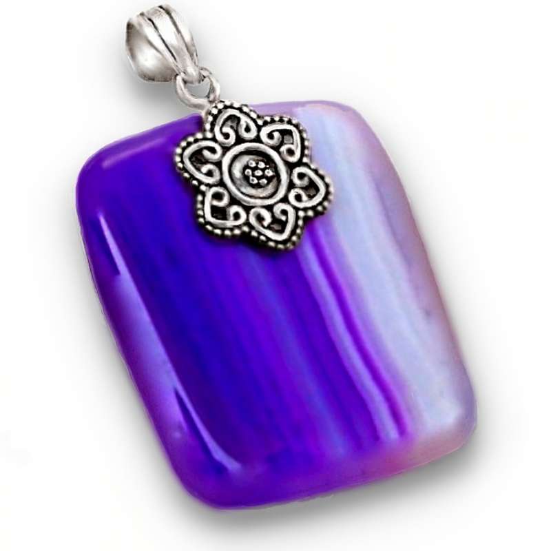 Natural Purple Botswana Lace Agate Rectangle Gemstone set in Solid .925 Sterling Silver Pendant