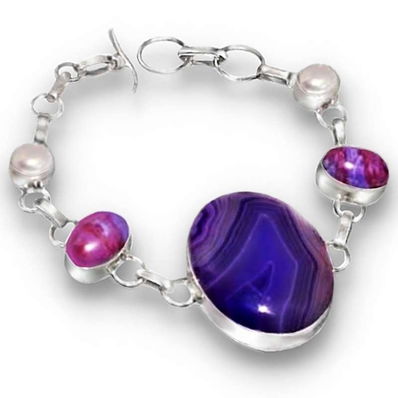 Natural Purple Botswana Agate White River Pearl set in 925 Sterling Silver Plated Handmade Bracelet