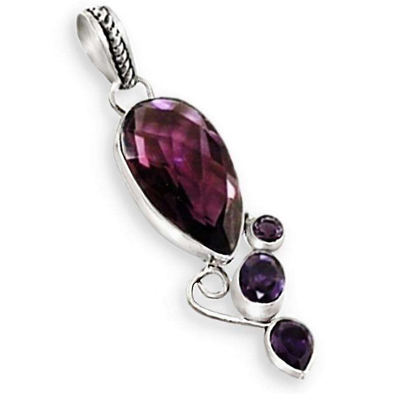 Faceted Purple Amethyst Pear Shape Gemstone set in .925 Sterling Silver Plated Pendant