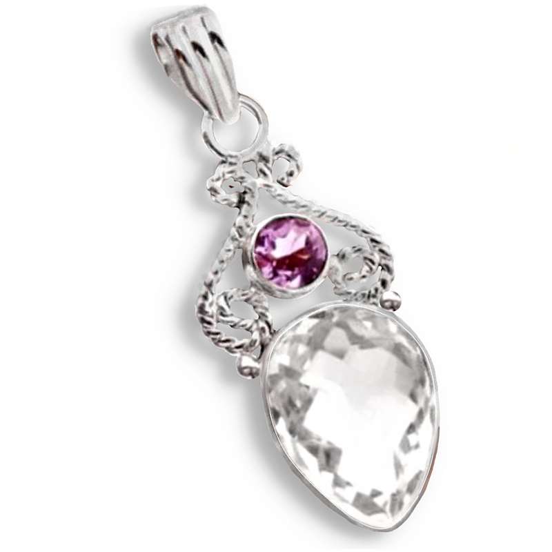 13.84 cts Natural Purple Amethyst and White Topaz  set in Solid .925 Sterling Silver Pendant