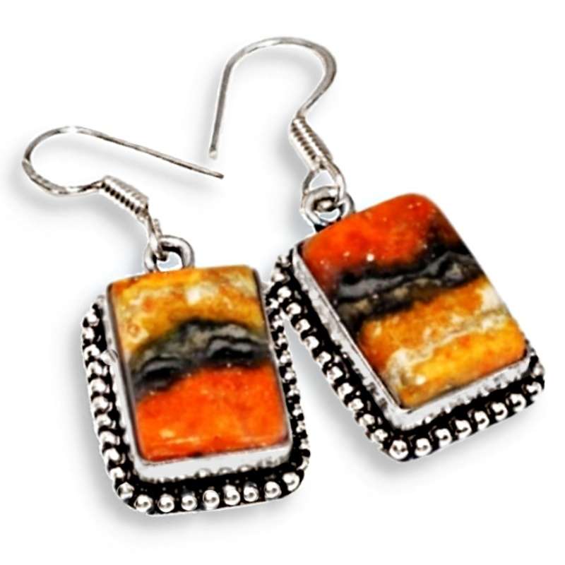 Natural Indonesian Bumble Bee Jasper Rectangle Gemstone set in .925 Sterling Silver Plated Earrings