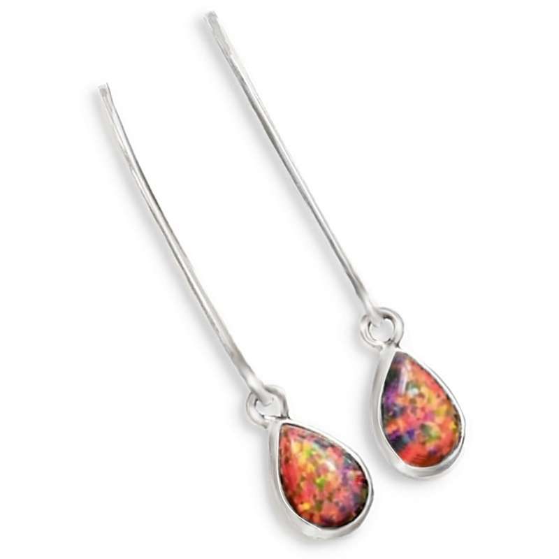 2.6 Grams Fire Opal Gemstone in Solid .925 Sterling Silver Long Hooks Earrings