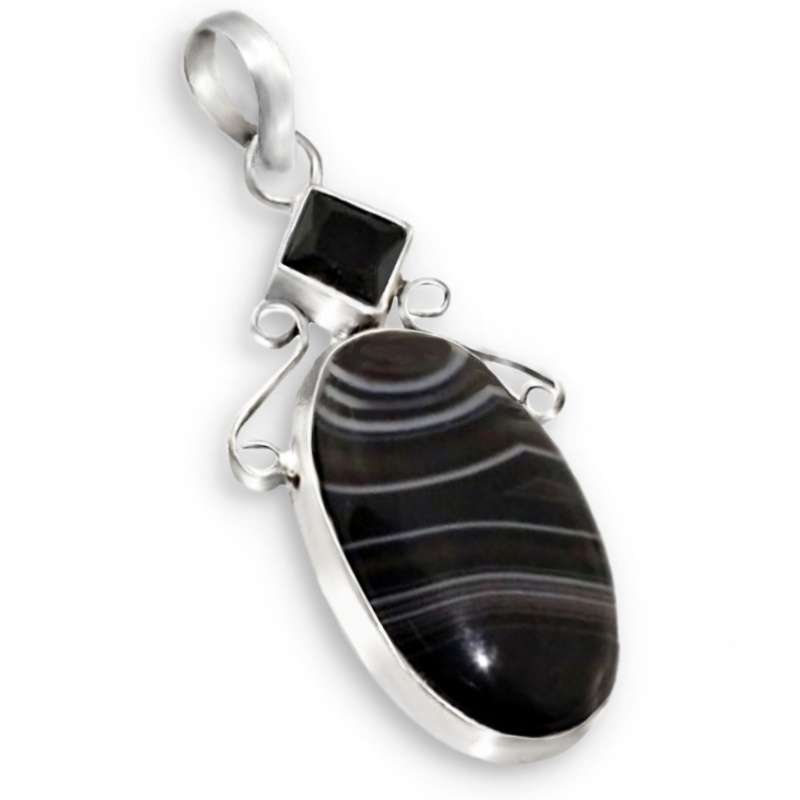 Natural Banded Black Onyx Oval and Square Gemstone set in .925 Sterling Silver Plated Pendant