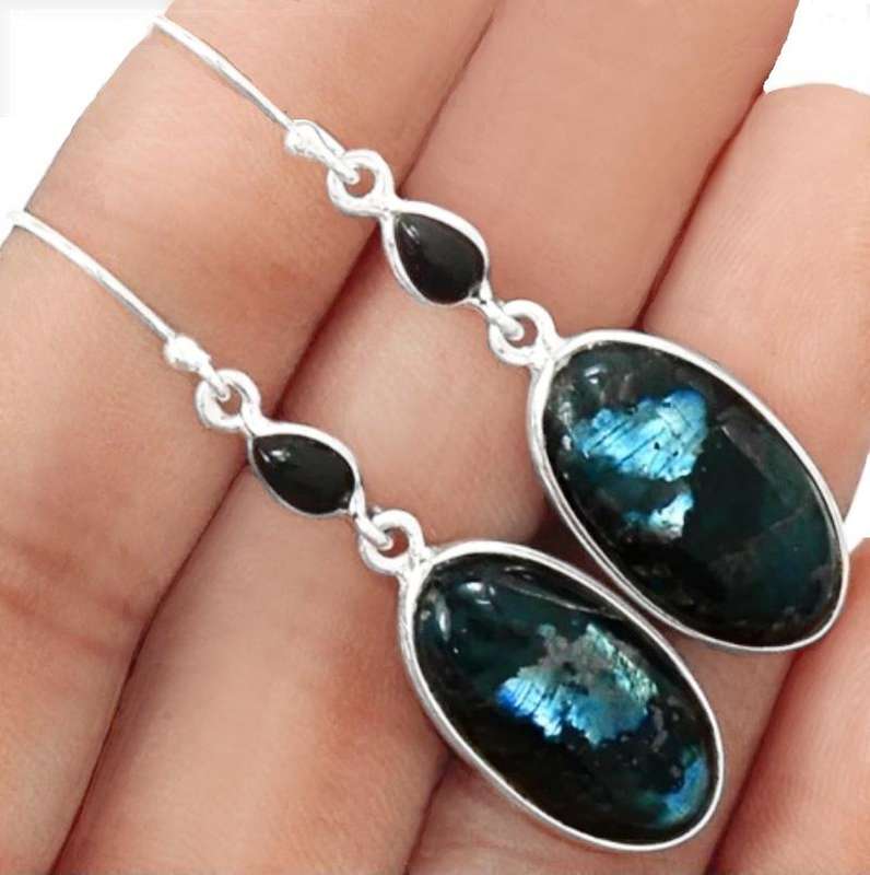Natural Norwegian Larvikite -Black Moonstone, Black Onyx in Solid .925 Sterling Silver Earrings