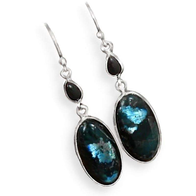 Natural Norwegian Larvikite -Black Moonstone, Black Onyx in Solid .925 Sterling Silver Earrings
