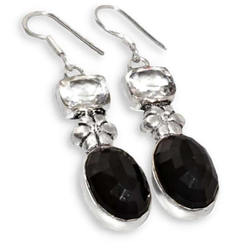 Black Onyx & White Topaz Gemstone with a Floral Accent set in .925 Sterling Silver Plated Earrings