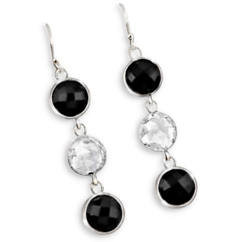 Natural Black Onyx , White Topaz Gemstone set in Solid .925 Sterling Silver Earrings