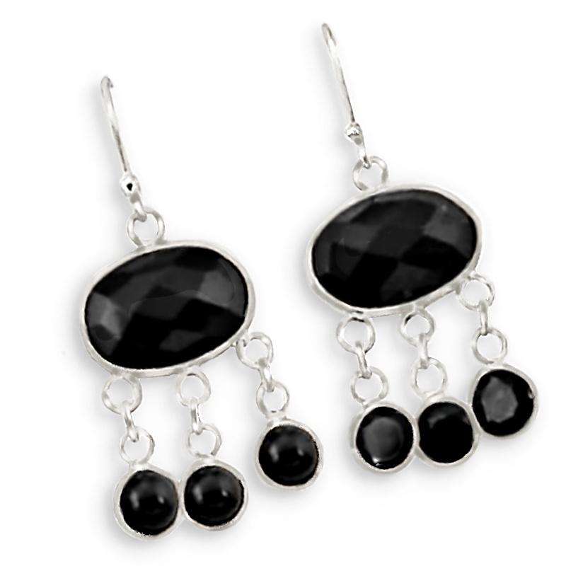 Natural Black Onyx Gemstone set in Solid .925 Sterling Silver Chandelier Earrings