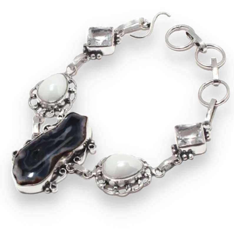 Natural Botswana Agate Druzy Cats Eye and Clear Quartz Gemstone .925 Sterling Silver Plated Bracelet