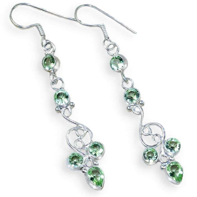 Ornate Green Amethyst Mixed Shapes set in .925 Sterling Silver Plated Handmade Dainty Long Earrings