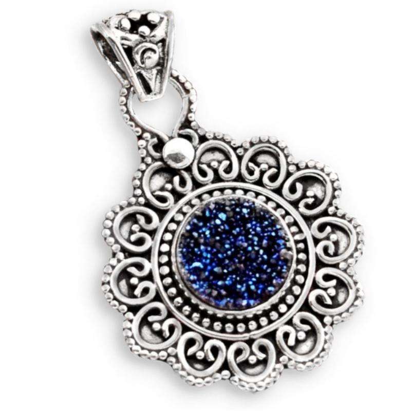 Dainty Natural Titanium Druzy set In Solid 925 Sterling Silver Antique Style Pendant