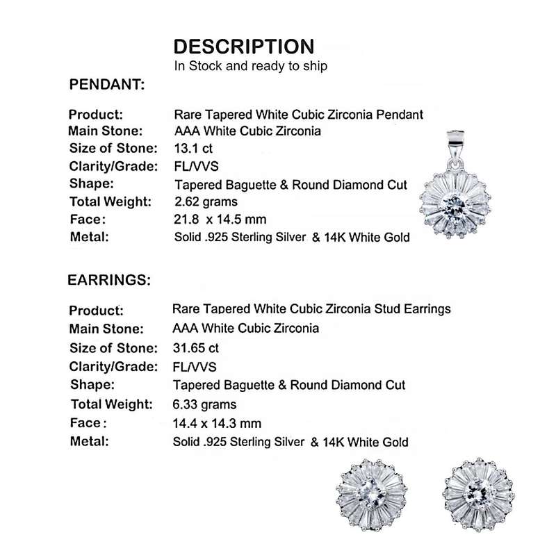 White Cubic Zirconia Tapered Baguettes set in Solid .925 Sterling Silver Pendant and Earrings Set