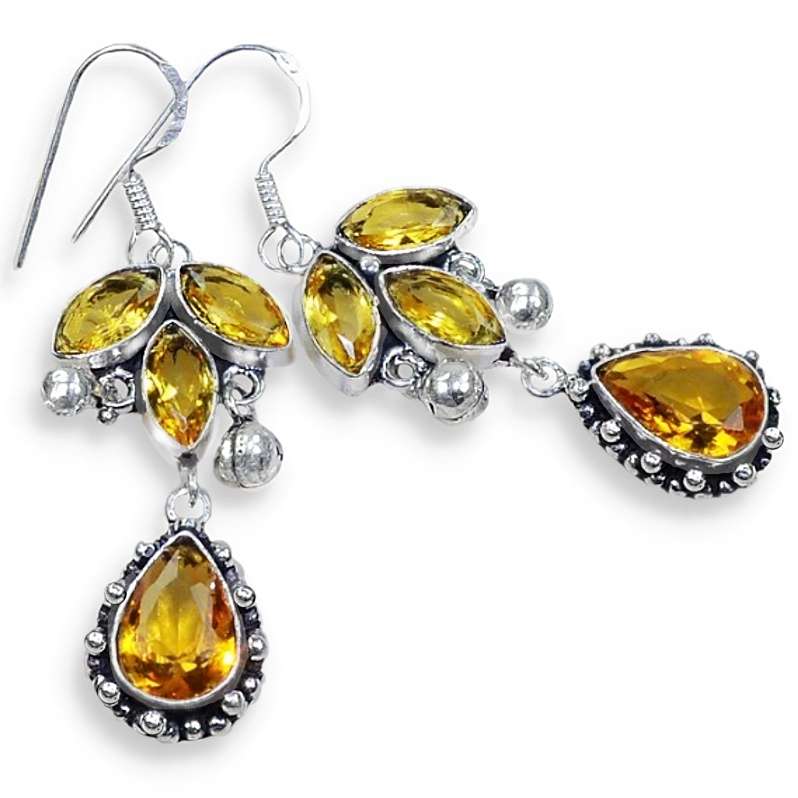 Exotic Mixed shapes Citrine Gemstone set in  .925 Sterling Silver Plated Drop Dangle Earrings
