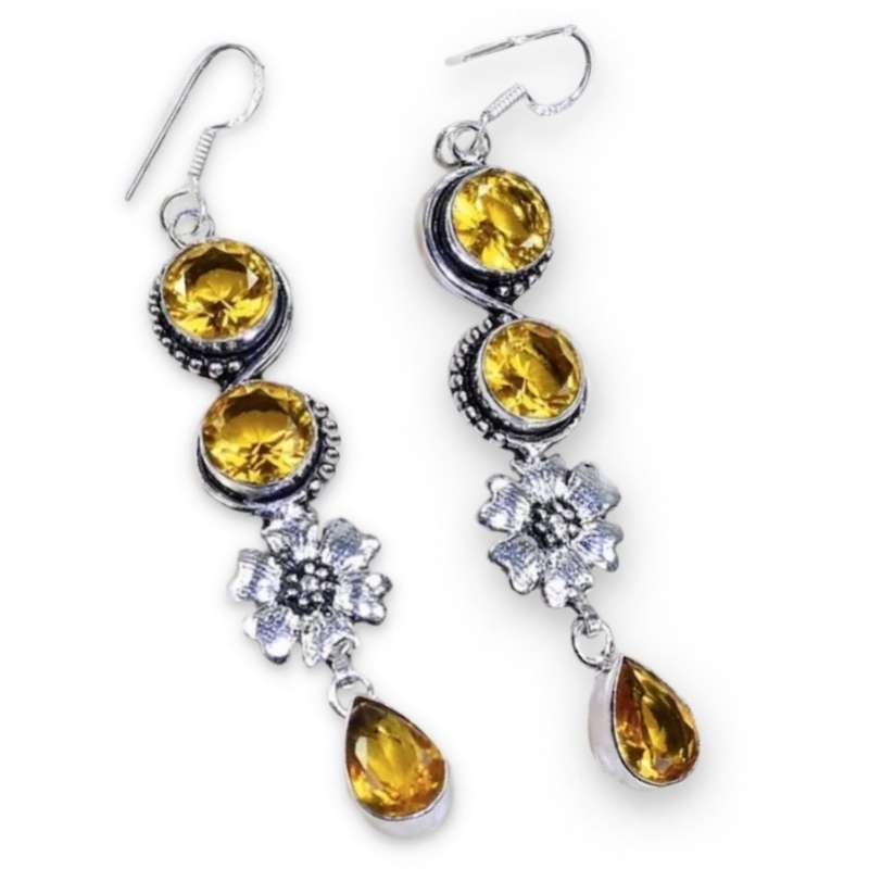 Faceted Citrine with Floral accent set in .925 Sterling Silver Plated Handmade Long Earrings