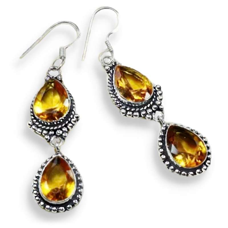 Handmade Faceted Citrine Pear Shape Gemstones .925 Sterling Silver Plated Earrings