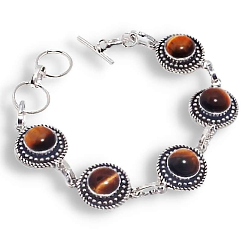 Handmade Natural Round Tigers Eye Gemstones .925 Sterling Silver Plated Adjustable Bracelet