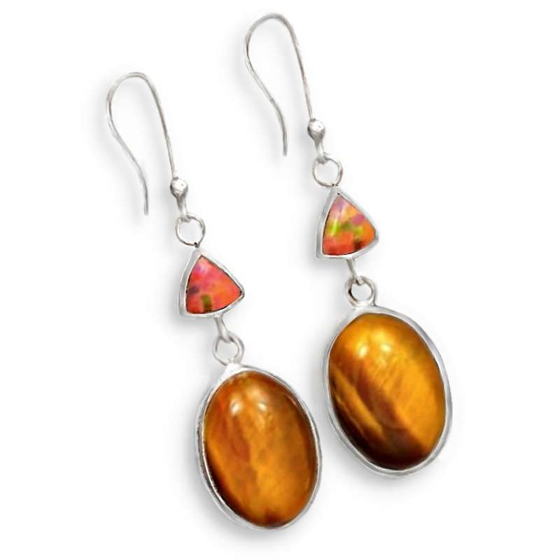 Natural Tigers Eye and Orange Fire Opal Gemstones in  Solid .925 Silver Earrings