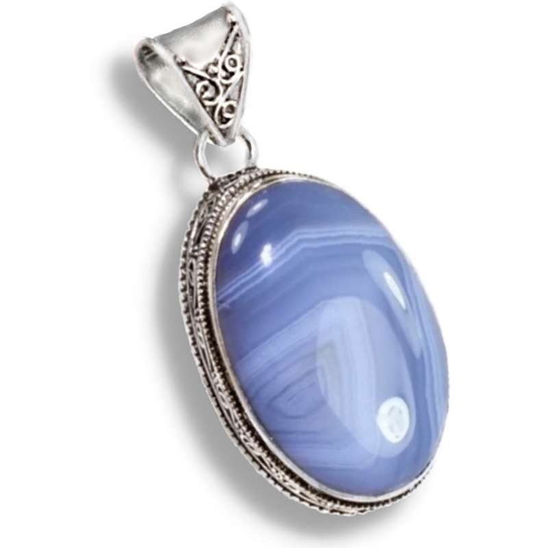 Natural Antique Style Blue Lace Botswana Agate Gemstone .925 Sterling Silver Plated Handmade Pendant