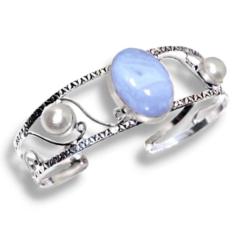 Natural Blue Lace Botswana Agate, Rose Quartz set in.925 Sterling Silver Plated Handmade Cuff Bangle
