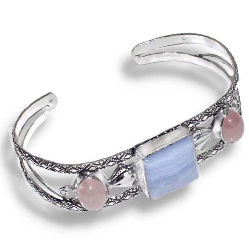 Natural Blue Lace Botswana Agate, Rose Quartz Gemstone .925 Sterling Silver  Plated Cuff Bangle