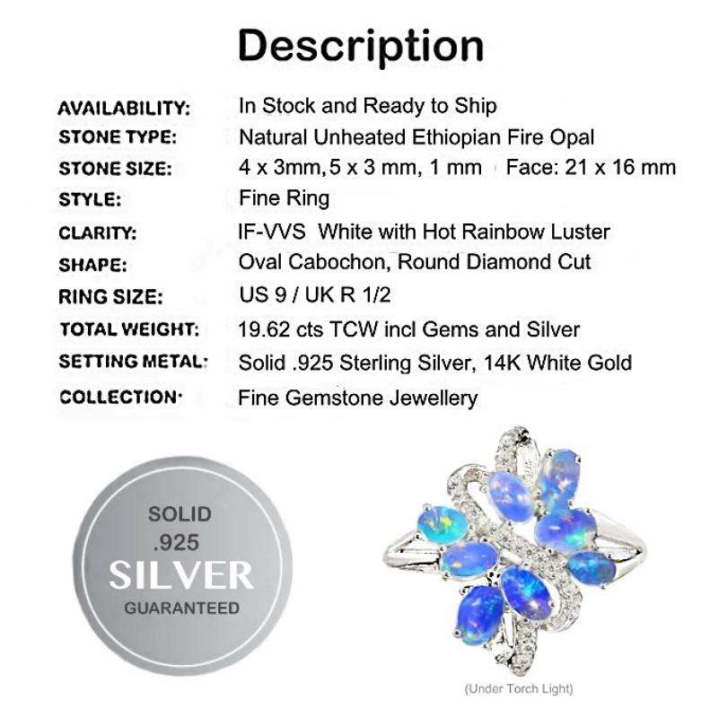 Authentic 19.62 Cts Ethiopian Fire Opal Cz Gemstone set in Solid .925 Sterling Ring Size 9 or R1/2