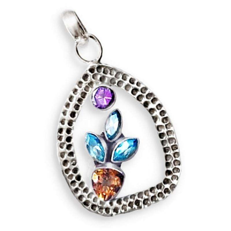 Israeli - Natural Blue Topaz, Amethyst and Citrine set in Solid .925  Sterling Silver Pendant