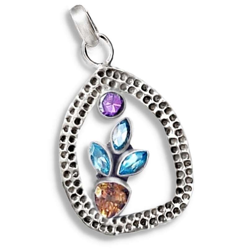 Natural Citrine Blue Topaz and Amethyst Gemstones set in Hammered Solid .925 Sterling Silver Pendant