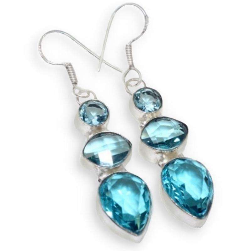 Faceted Blue Quartz Mixed Shape Gemstones set in .925 Sterling Silver Plated Handmade Earrings
