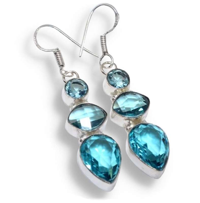 Faceted Blue Quartz Mixed Shape Gemstones set in .925 Sterling Silver Plated Handmade Earrings