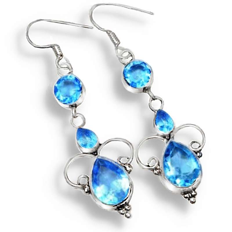 Exotic Blue Topaz Mixed Shape Gemstones set in .925 Sterling Silver Plated Handmade Earrings