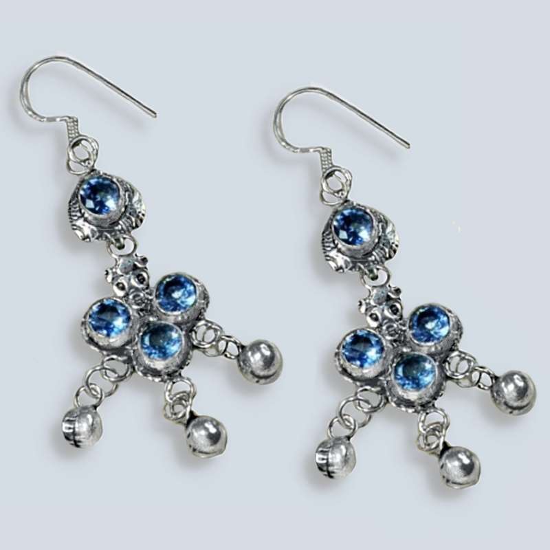 Sky Blue Topaz Round Gemstones set in .925 Sterling Silver Plated Handmade Earrings
