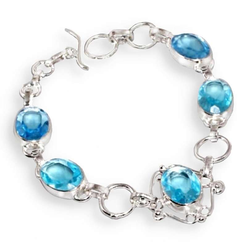 Stunning Blue Topaz Oval Gemstones in .925  Sterling Silver Plated Handmade Bracelet