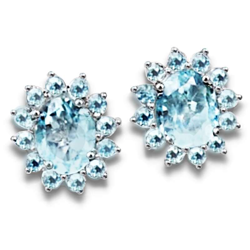 8 x 6 mm Natural Top Sky Blue Topaz Gemstones  set in .925 Sterling Silver 14K W/Gold Stud Earrings
