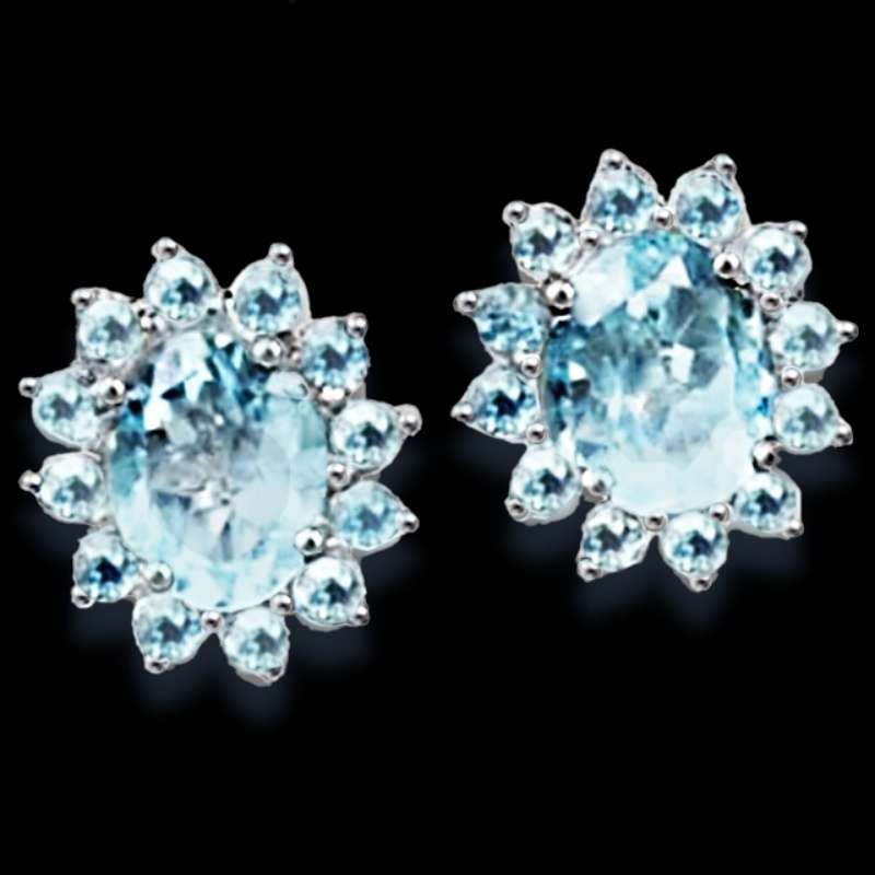 8 x 6 mm Natural Top Sky Blue Topaz Gemstones  set in .925 Sterling Silver 14K W/Gold Stud Earrings