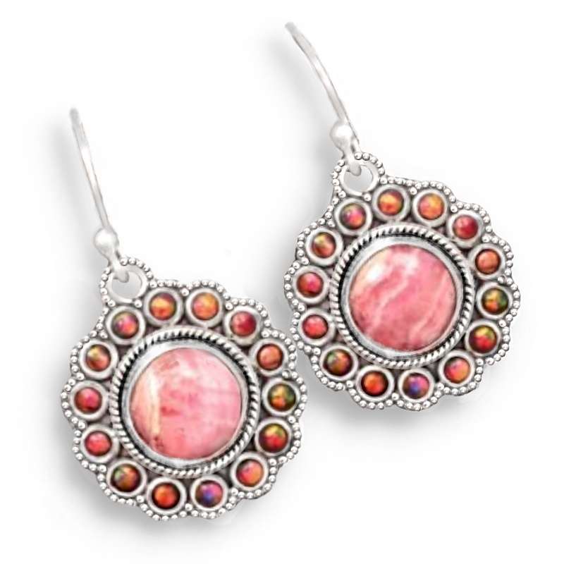 Natural Rhodochrosite, Fire Opal  Round Gemstones set in Solid .925 Sterling Silver Earrings